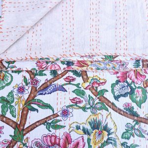 Bedspread Queen (Kantha) Screen Print Gudari (2 layer) - Cream Floral