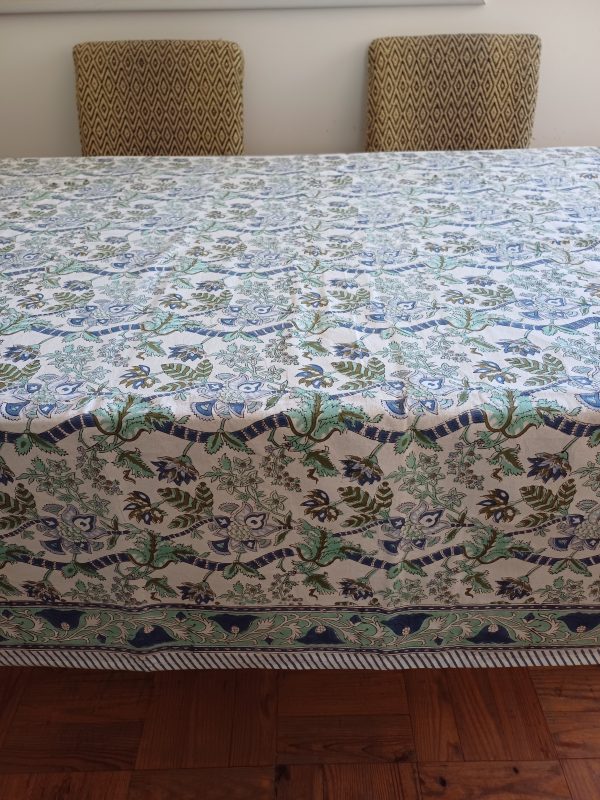 Table Cover Turquoise White floral Block Print Mughal - 6 seater - Image 5