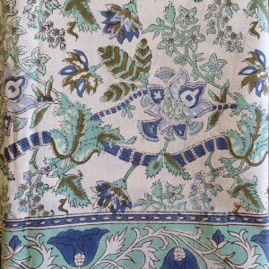Table Cover Turquoise White floral Block Print Mughal - 6 seater