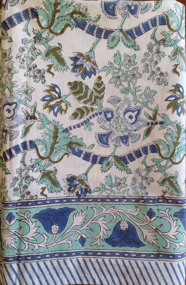 Table Cover Turquoise White floral Block Print Mughal - 6 seater
