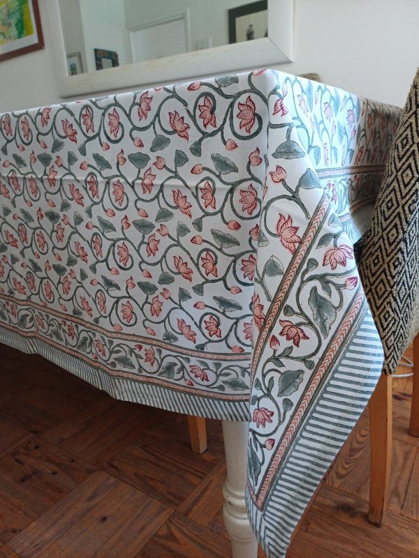 Table Cover Cream Floral Block Print Mughal -  6 seater - Image 2
