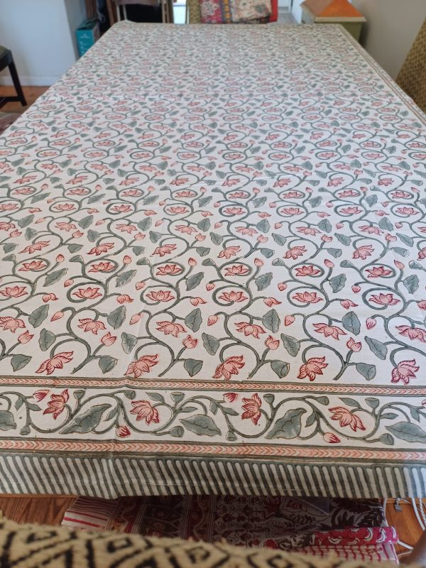 Table Cover Dusty Pink Floral Block Print Mughal - 6 seater - Image 3