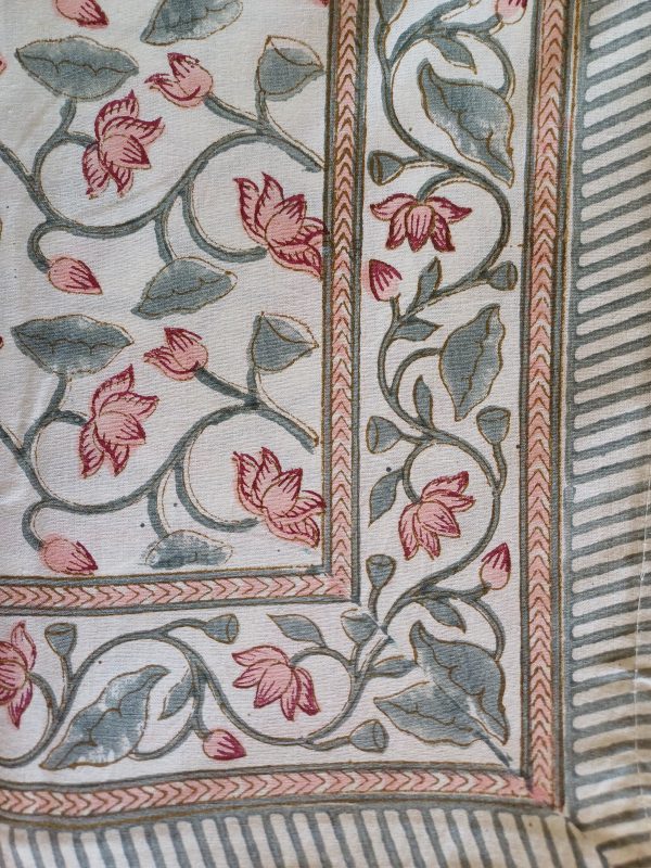 Table Cover Cream Floral Block Print Mughal -  6 seater