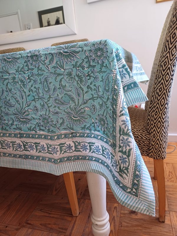 Table Cover Turquoise block Print Mughal - 4 Seater - Image 2