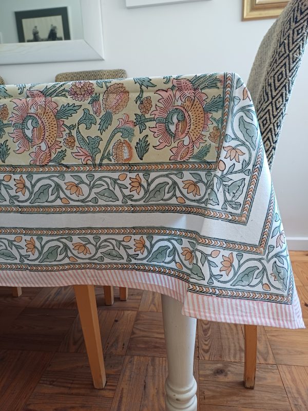 Table Cover Yellow Pink Block Print Mughal - 8 seater - Image 2