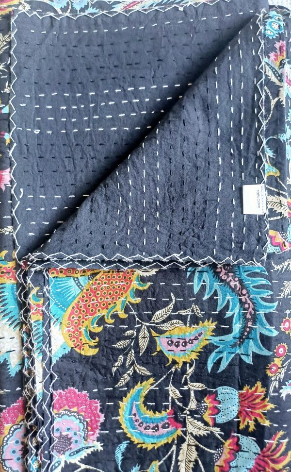 Bedspread Queen (Kantha) Screen Print Gudari (2 layer) - Black Floral - Image 2