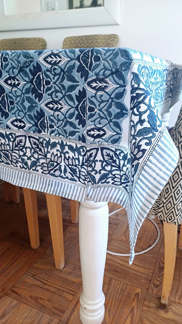 Table Cover Dark Blue white Ornate Block Print Mughal - 6 seater - Image 3