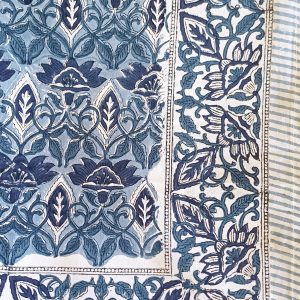 Table Cover Dark Blue white Ornate Block Print Mughal - 6 seater
