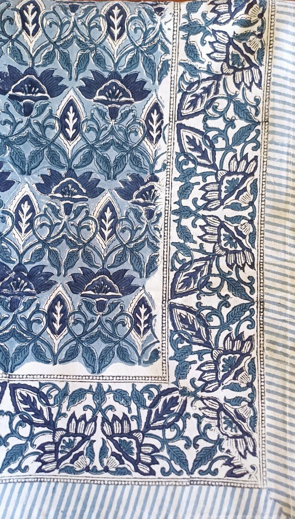 Table Cover Dark Blue white Ornate Block Print Mughal - 6 seater