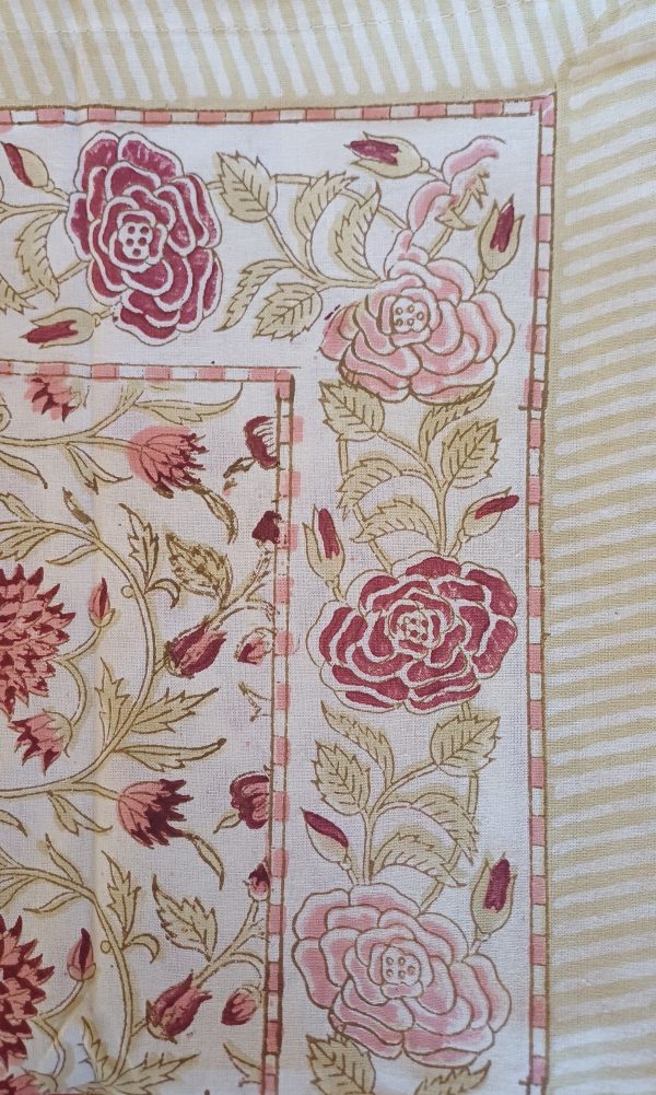 Table Cover Light Cream Pink floral Block Print Mughal - 6 seater - Image 3