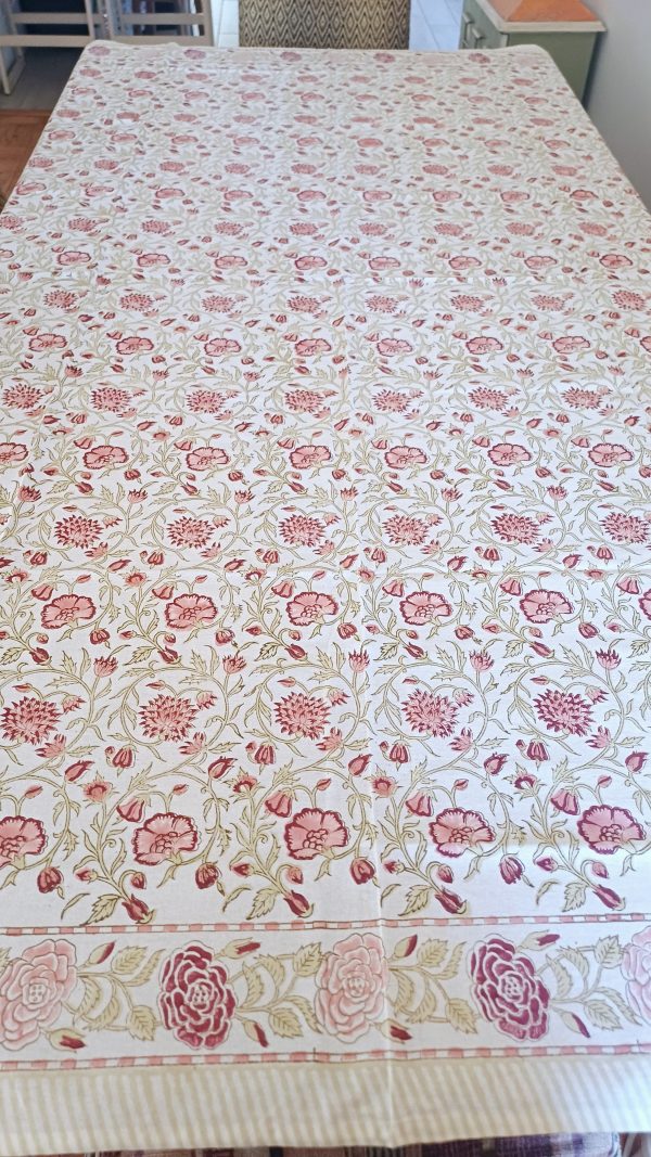 Table Cover Light Cream Pink floral Block Print Mughal - 6 seater - Image 4