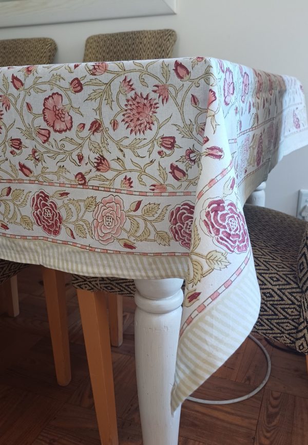 Table Cover Light Cream Pink floral Block Print Mughal - 6 seater - Image 2