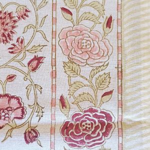 Table Cover Light Cream Pink floral Block Print Mughal - 6 seater