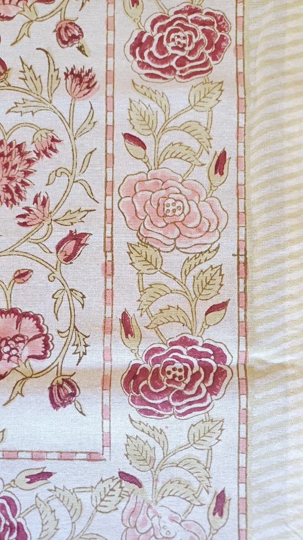 Table Cover Light Cream Pink floral Block Print Mughal - 6 seater